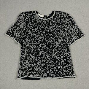 Vtg Laurence Kazar Black Silk Beaded Swirls Formal Short Sleeve Top Sz L *Flaws
